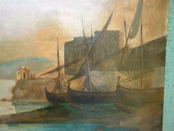 Antik -1800-as évek- Olasz kikötő c.festmény nagyméretű 117x83 cm