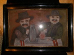 M1-12 aba - novak copy with mark glass plate painting drinking buddies antique frame 51 x 36 cm l