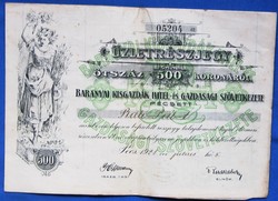 Antik értékpapír 500 Koronáról Pécs 1921 Üzletrészjegy Baranyai Kisgazdák Hitel És Gazdasági Szövetk