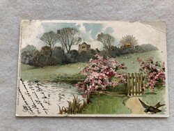 Antique long address, gilded postcard