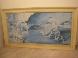 M1-12 Csontváry UTÁN  akvarell festmény 90 x 50 cm eladó üveglapos ritkaság Római híd Mosztárban