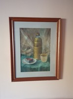 Jelzett Bartosi László, retró csendélet festmény, termosz-kocka sajt, üvegezett keretben 44x59 cm