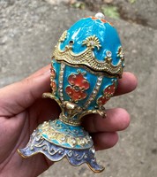 Russian fire enamel metal work Faberge jewelry holder egg figure sculpture