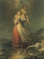 1K169 Régi keretezett anya gyermekével romantikus színezett litográfia 1800-as évek 29.5 x 23 cm