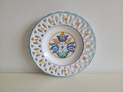 Old retro folk art ceramic openwork wall bowl