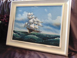 Csodaszép régi festmény - Vitorlás a tengeren