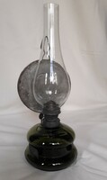 Antik régi fali petróleum lámpa, olajzöld üveg öblönnyel, fényvetővel 19. század, kitűnő állapotban