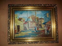 Károly Cserna: Cairo street, painting, wood panel, oil, 30x40 cm+ frame