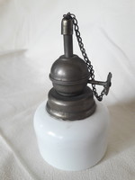 Antique old small vigil petro candlestick, milk glass body, circa 1860, very rare piece, cap
