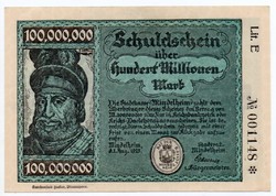Németország Mindelheim 100 millió német inflációs Márka, 1923, hajtatlan