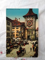 Antik svájci színezett képeslap, Bern Óratorony, lovaskocsi, járókelők, utcakép, 1910 körüli