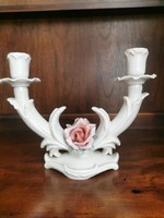 Kétkarú rózsás porcelán gyertyatartó ENS logóval