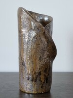 Vintage sandy ceramic vase with eozin glaze - signed studio work