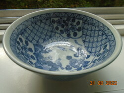 Juzan Nagasaki Japanese rice bowl hand painted cobalt blue bird flower butterfly and grid pattern