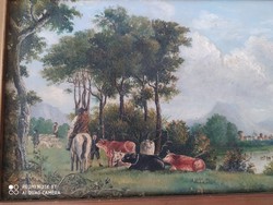 Antique painting: oil marked on the lake shore, wooden painting in the original frame 37 x 23 cm