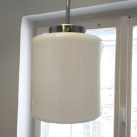 Bauhaus - Art deco krómozott menyezeti lámpa felújítva - tejüveg henger búra