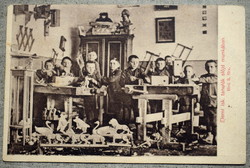 Antique lottery ticket postcard elementary school students slöjd at work biro and photo