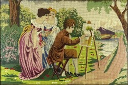 1K340 old large tapestry figure painter outdoors in blondel frame 76 x 108 cm