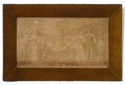 1K348 Hatalmas antik falikárpit francia életképpel gobelin 98 x 155.5 cm