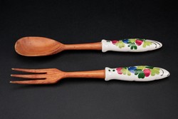 Porcelain handle, wood, spoon and fork