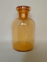 Hatalmas gyógyszertári patikus labor laboratóriumi üveg dugóval, gyönyörű méz-borostyán színű, 27 cm