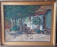 Ujváry Ferenc (1898-1971) - Udvar leánderrel - olajfestmény - 61 cm x 76 cm