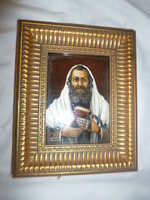 Small marked painting rabbi portrait painted in oil on wood