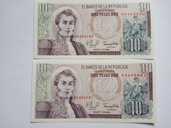 Unc 10 Pesos Kolumbia  1980  !! Sorkövető !!!