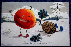 Art deco Újévi üdvözlő grafikus képeslap nevető alma elesett dió téli táj