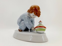 Zsolnay Sinkó porcelain statue, little boy with a humming snail