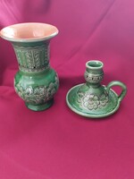 Korondi green glazed vase and walking candlestick similar to v. Michael