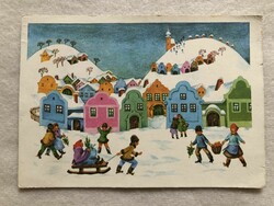 Régi Karácsonyi képeslap, rajzos levelezőlap - B. Lazetzky Stella rajz