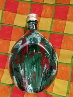 Régi retro színes italos kiöntő, kézzel festett likőrös üveg, vintage kiöntő,asztali kínáló ajándék