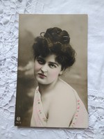 Antique hand colored romantic photo / postcard lady in pale pink dress 1908