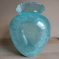 Nagyméretű 29 cm-es Türkíz Karcagi fátyolüveg váza