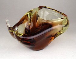 1E244 Borostyánsárga fújtüveg csiga BOHEMIA művészi üveg hamutál 15.5 cm