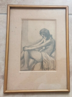 (K) rare Imre Ványaa (Nagyvárad) nude graphic with 24x33 cm frame