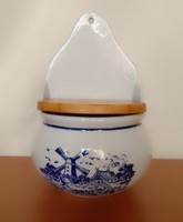 Holland kék fehér porcelán fali sótartó fa fedéllel, holland tájkép malommal, hibátlan