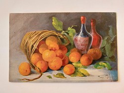Régi képeslap 1920 Mary Golay levelezőlap gyümölcs csendélet narancs mandarin