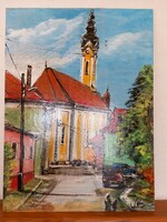 "A templom utcája"festmény farostlemezen 40 x 54 cm