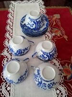 Keleti / japán cseresznyevirágos kék fehér tojáshéj porcelán  teás : 5 db csésze + 6 db alj