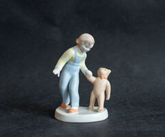 Aquincumi retro porcelán figura - Micimackó és Róbert gida - mackóval sétáló fiú, macis - Aquincumi