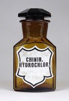 1K502 Antik borostyán barna dugós patika üveg CHININ HYDROCHLOR 12 cm