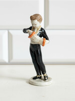 Retro porcelán figura - tangóharmonikás zenész fiú - Hollóházi
