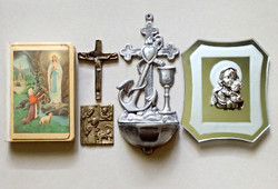 5 db retró vintage vallási utazó ikon kereszt feszület Jézus Krisztus Szűz Mária szenteltvíztartó