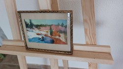 (K) Kis akvarell tájkép festmény 17x21 cm kerettel