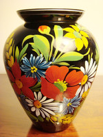 Retro váza festett népi motívumos virágos üvegváza 21 cm