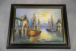 Oil painting depicting a sea port