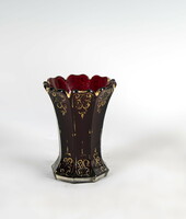 Biedermeier old ruby red glass vase with gold decoration