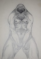 Groteszk rajz ismeretlen kortárs kép alkotás 35x50cm kétoldalas I.